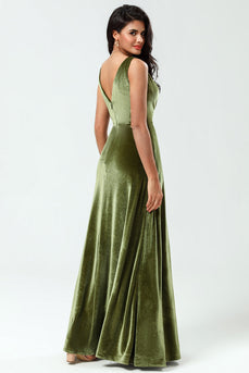 Velvet Olive V-Neck Bridesmaid Dress with Slit