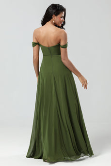 Off The Shoulder Chiffon Olive Bridesmaid Dress with Slit