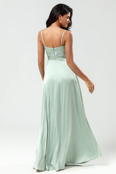 Spaghetti Straps Matcha Bridesmaid Dress with Slit