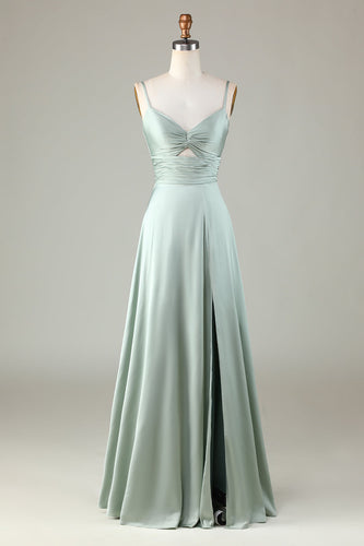 Keyhole Spaghetti Straps Matcha Bridesmaid Dress with Slit