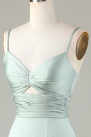 Load image into Gallery viewer, Keyhole Spaghetti Straps Matcha Bridesmaid Dress with Slit