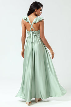 A-Line V-Neck Matcha Bridesmaid Dress with Ruffles