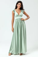Load image into Gallery viewer, A-Line V-Neck Matcha Bridesmaid Dress with Ruffles
