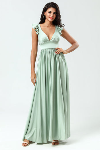A-Line V-Neck Matcha Bridesmaid Dress with Ruffles