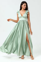 Load image into Gallery viewer, A-Line V-Neck Matcha Bridesmaid Dress with Ruffles