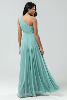 A-Line One Shoulder Sea Glass Bridesmaid Dress