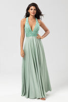 Load image into Gallery viewer, A-Line Deep V-Neck Matcha Bridesmaid Dress with Sequins