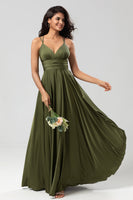 Load image into Gallery viewer, A-Line Satin Olive Simple Bridesmaid Dress