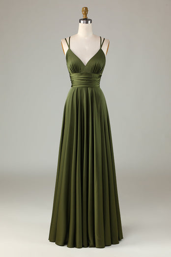 A-Line Sleeveless Olive Long Bridesmaid Dress