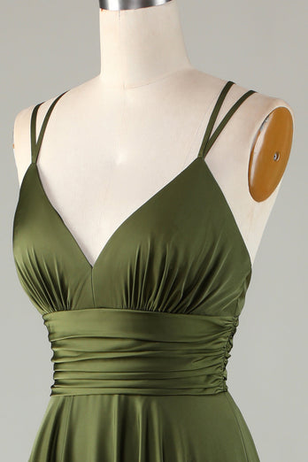 A-Line Sleeveless Olive Long Bridesmaid Dress