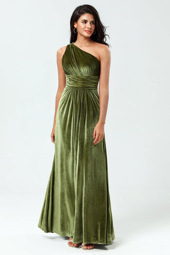 Velvet One Shoulder Olive Bridesmaid Dress