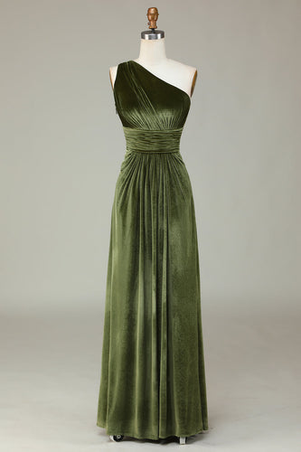 Velvet One Shoulder Olive Bridesmaid Dress