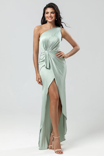 One Shoulder Matcha Bridesmaid Dress with Ruffles