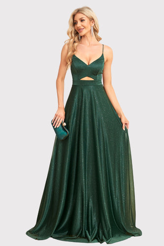 Sparkly Backless Dark Green Long Formal Dress