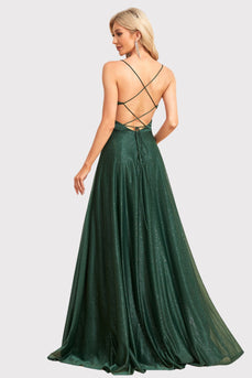 Sparkly Backless Dark Green Long Formal Dress