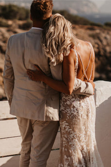 Spaghetti Straps White Wedding Dress with Lace