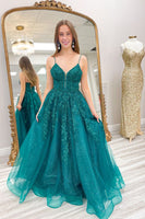 Load image into Gallery viewer, Spaghetti Straps Lace-Up Back Dark Blue Corset Formal Dress with Appliques