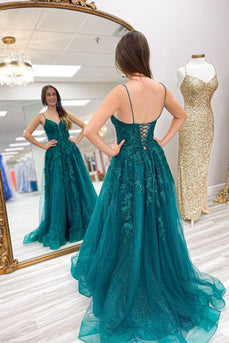Spaghetti Straps Lace-Up Back Dark Blue Corset Formal Dress with Appliques