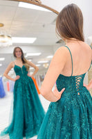 Load image into Gallery viewer, Spaghetti Straps Lace-Up Back Dark Blue Corset Formal Dress with Appliques