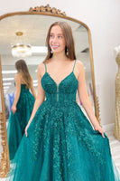 Load image into Gallery viewer, Spaghetti Straps Lace-Up Back Dark Blue Corset Formal Dress with Appliques