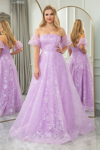 Sparkly Lilac A Line Strapless Long Formal Dress With Embroidery
