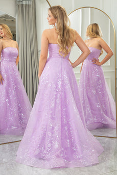 Sparkly Lilac A Line Strapless Long Formal Dress With Embroidery