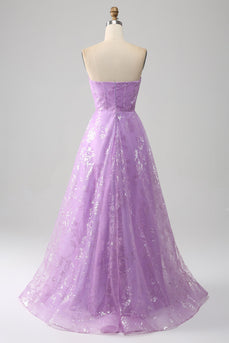 Lilac A Line Strapless Sparkly Sequin Long Formal Dress