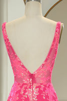 Load image into Gallery viewer, Sparkly Fuchsia Mermaid V Neck Long Formal Dress With Sequined Appliques