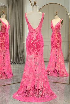 Sparkly Fuchsia Mermaid V Neck Long Formal Dress With Sequined Appliques