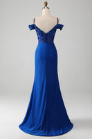 Load image into Gallery viewer, Beaded Royal Blue Corset Formal Dress with Slit