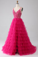 Load image into Gallery viewer, Fuchsia Princess A-Line Spaghetti Straps Sequin Tiered Long Formal Dress with Slit