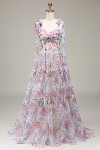 A-Line Spaghetti Straps Lilac Flower Printed Formal Dress