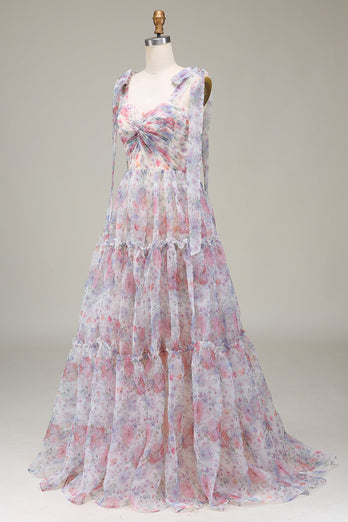 A-Line Spaghetti Straps Lilac Flower Printed Formal Dress
