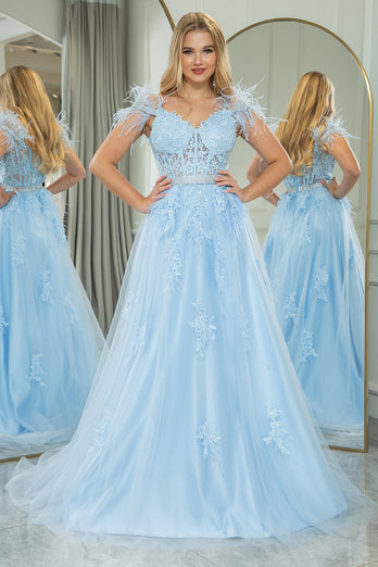 Light Blue A Line Appliqued Long Corset Formal Dress With Feathers