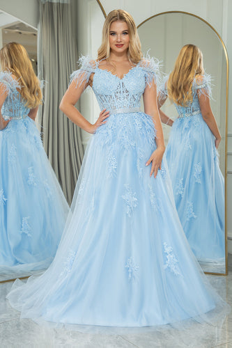 Light Blue A Line Appliqued Long Corset Formal Dress With Feathers