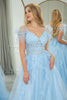 Load image into Gallery viewer, Light Blue A Line Appliqued Long Corset Formal Dress With Feathers