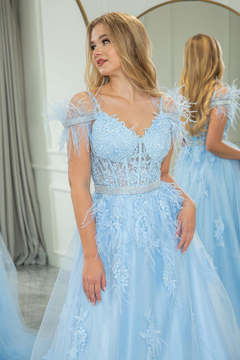 Light Blue A Line Appliqued Long Corset Formal Dress With Feathers