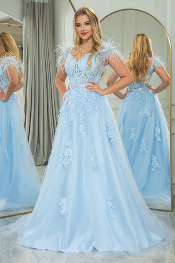 Light Blue A Line Appliqued Long Corset Formal Dress With Feathers