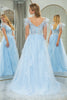 Load image into Gallery viewer, Light Blue A Line Appliqued Long Corset Formal Dress With Feathers