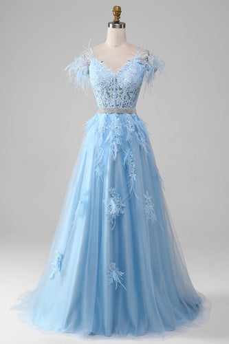 Light Blue A-Line Rhinestones Accents Corset Long Formal Dress With Appliques