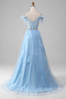 Load image into Gallery viewer, Light Blue A-Line Rhinestones Accents Corset Long Formal Dress With Appliques