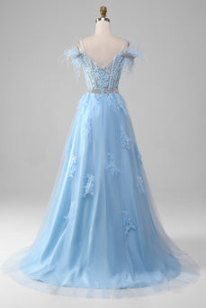 Light Blue A-Line Rhinestones Accents Corset Long Formal Dress With Appliques