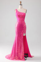 Load image into Gallery viewer, Sparkly Fuchsia Mermaid One Shoulder Appliques Long Formal Dress With Slit