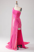 Load image into Gallery viewer, Sparkly Fuchsia Mermaid One Shoulder Appliques Long Formal Dress With Slit