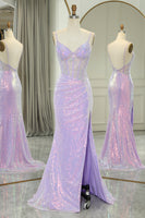 Load image into Gallery viewer, Glitter Light Purple Mermaid Backless Long Corset Formal Dress With Slit