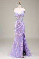 Load image into Gallery viewer, Sparkly Mermaid LighT Purple Corset Formal Dress with Slit