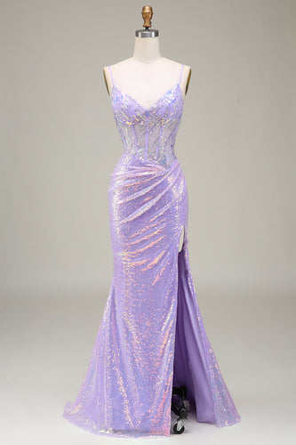 Sparkly Mermaid LighT Purple Corset Formal Dress with Slit