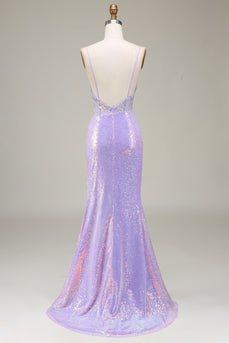 Sparkly Mermaid LighT Purple Corset Formal Dress with Slit