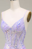 Load image into Gallery viewer, Sparkly Mermaid LighT Purple Corset Formal Dress with Slit