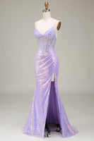 Load image into Gallery viewer, Sparkly Mermaid LighT Purple Corset Formal Dress with Slit